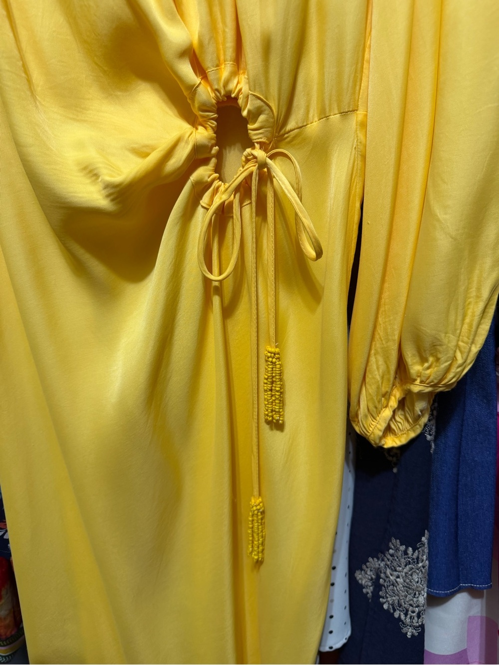 FARM Rio Yellow Cutout Midi Dress Beaded Tassels Size S - Picture 9 of 11